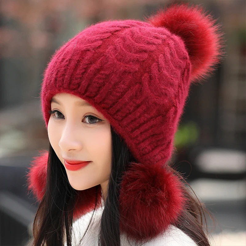 H7731 Женская Шапка-бини из кроличьего меха женская зимняя теплая шапка с защитой