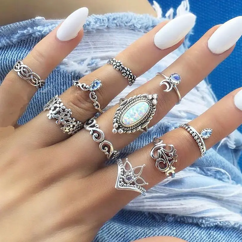 10 шт.! Винтажные Серебряные Кольца Набор для женщин Boho модные драгоценные камни Луна миди кольцо, палец кольца женские ювелирные изделия свадебные подарки