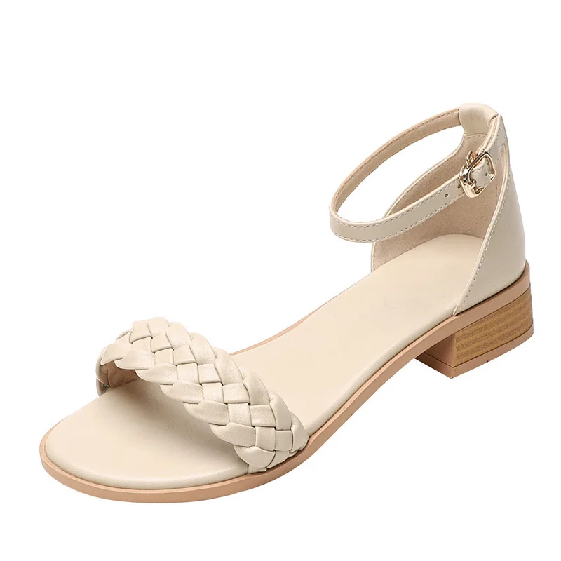 

Sandalias De Mujer Women Fashion Summer Comfort Apricot Sandals All-Match Mid-heel Lady Cute Buckle High Heel Sandals Plus Size