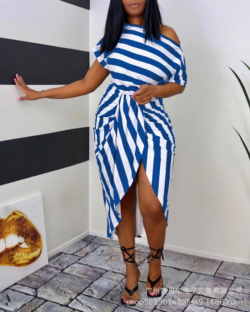 

Wepbel Off-the-Shoulder Irregular Dresses Short Sleeve Striped Women Dress Summer Streetwear High Waist Casual Lace-up Dress