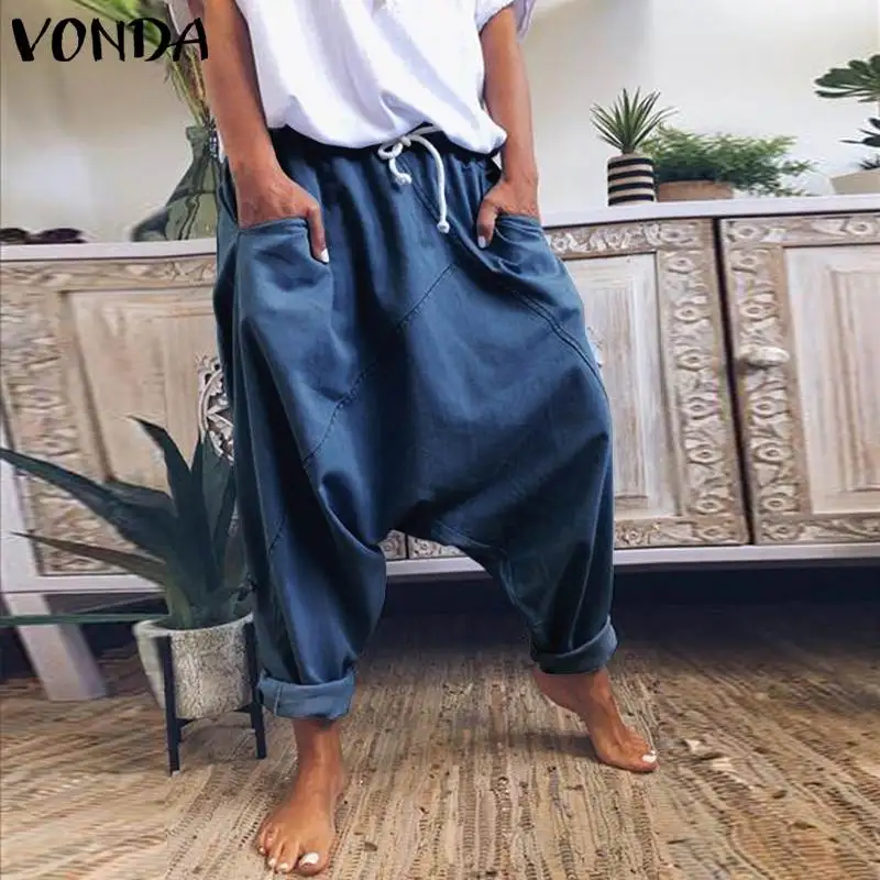 

Модные свободные брюки VONDA 2021 женские джинсовые брюки дамские шаровары с эластичным поясом для вечерние с карманами повседневные свободные...