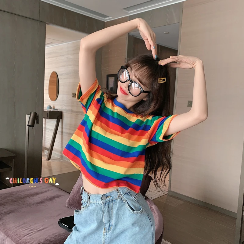 

Rainbow Striped T-shirt Women's Loose Short Slim Minimalist Korean Style T Shirt Spring Summer Ladies Harajuku Trendy Clothes