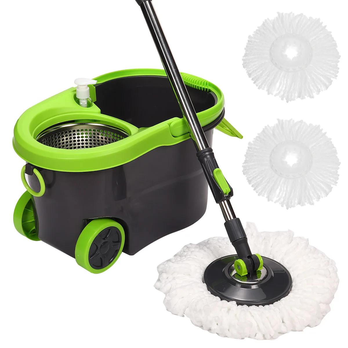 

360 Rotating Spin Floor Mop Bucket Set with 2 Microfiber Head Hands Free Wringing Home Cleaning Tools Wet Dry Use on Wood Tiles