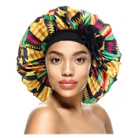african pattern satin designer bonnets women sleeping cap long tail cap hair bonnet wide stretchy band nightcap head cover