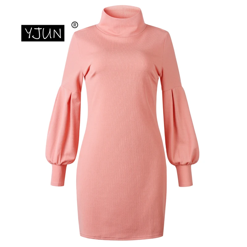 Женские платья осень зима длинный рукав Turtlenck теплая одежда мини короткое модное