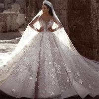 arabic luxury beaded lace wedding dress vestidos de novia 2021 long sleeve 3d floral wedding bridal gowns robe de mariee mariage