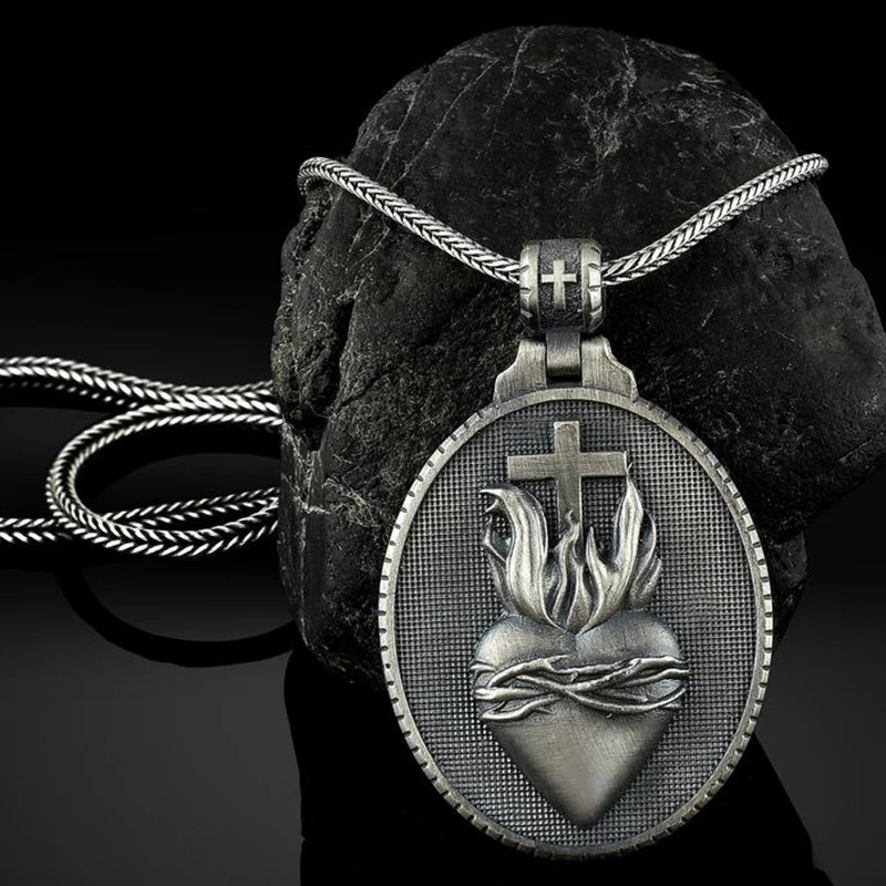 

Religious necklaces Jewelry on the neck Christian Jesus Sacred Heart Cross Pendant Necklace for man Catholic Men's chain tag