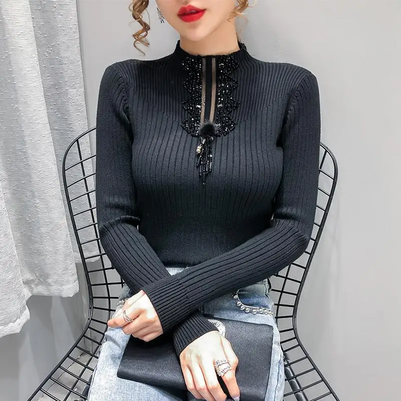 

Hairball sweater women's slim long sleeve heavy industry nail bead sequin foreign style small shirt fashion versatile elastic sw