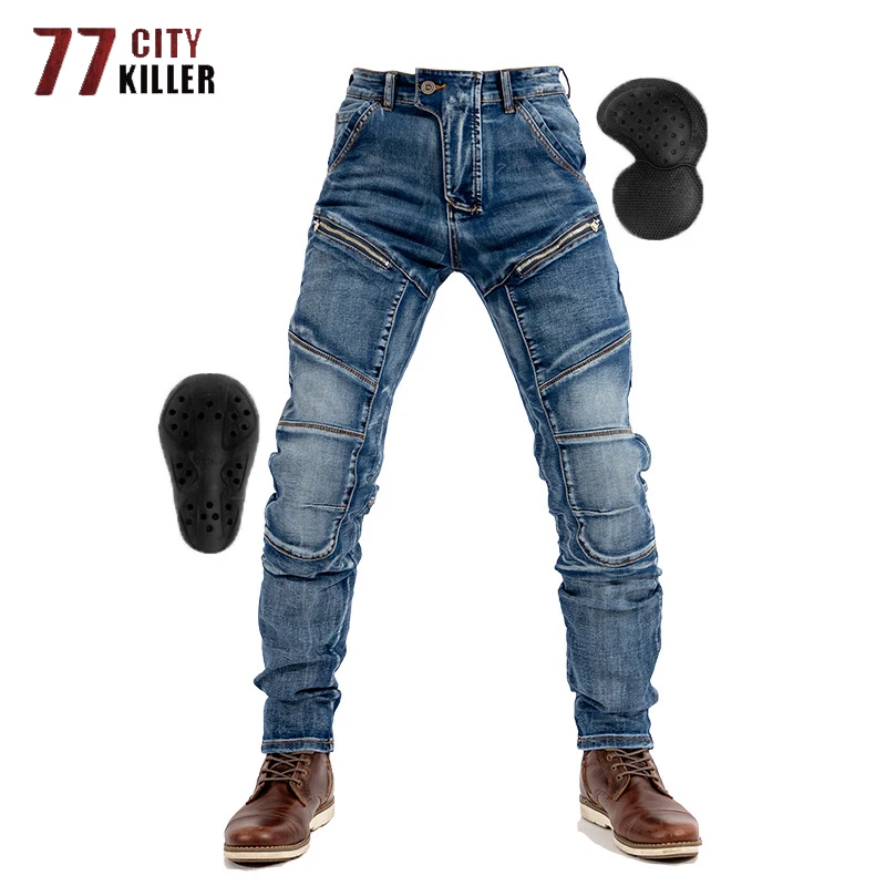 Multi-pocket Denim Pants Men Motorcycle Classic Elasticity Joggers Male Windbreaker Free Kneepad Armor Jeans Mens Trousers S-3XL