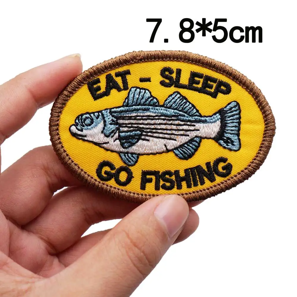 

EAT SLEEP GO FISHING Embroidery Patch WITH IRON ON BACKING HOOK BACKING