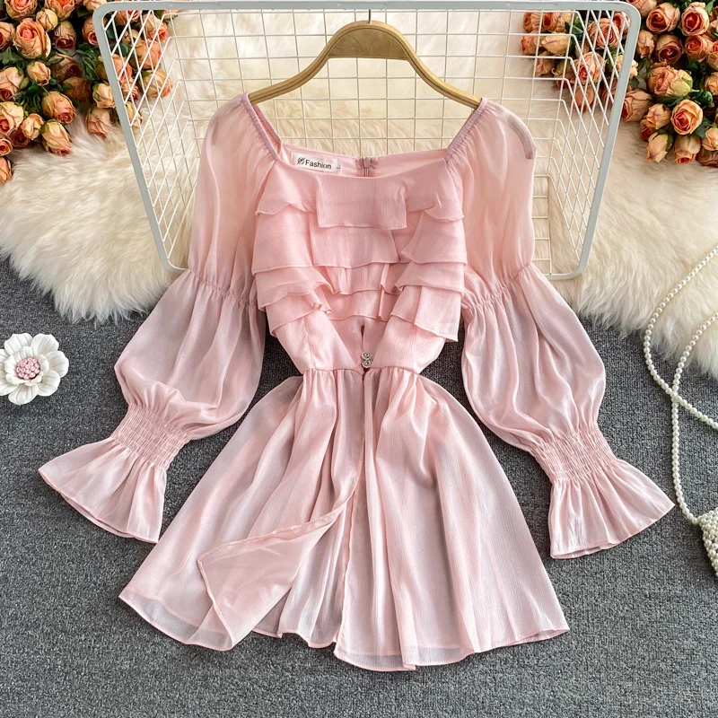 

Женская блузка с оборками, Повседневная Длинная блузка с квадратным вырезом и разрезом, весна-осень