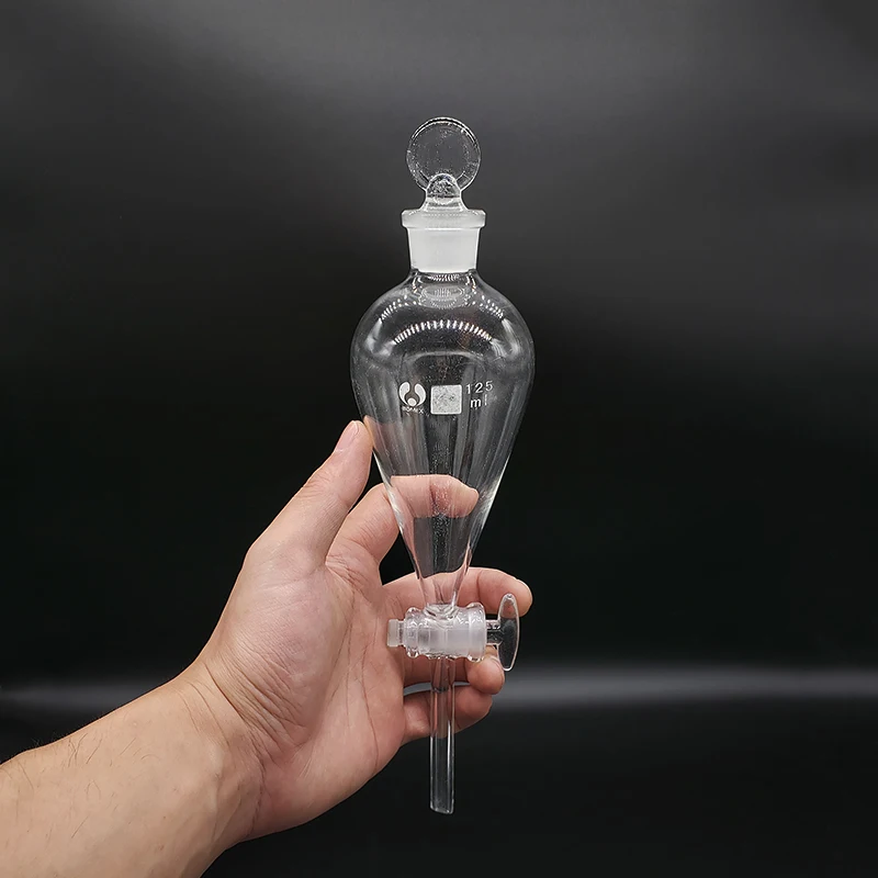Separatory funnel pear shape,with ground-in glass stopper and stopcock.125ml/250ml/500ml,Without tick mark,Glass switch valve