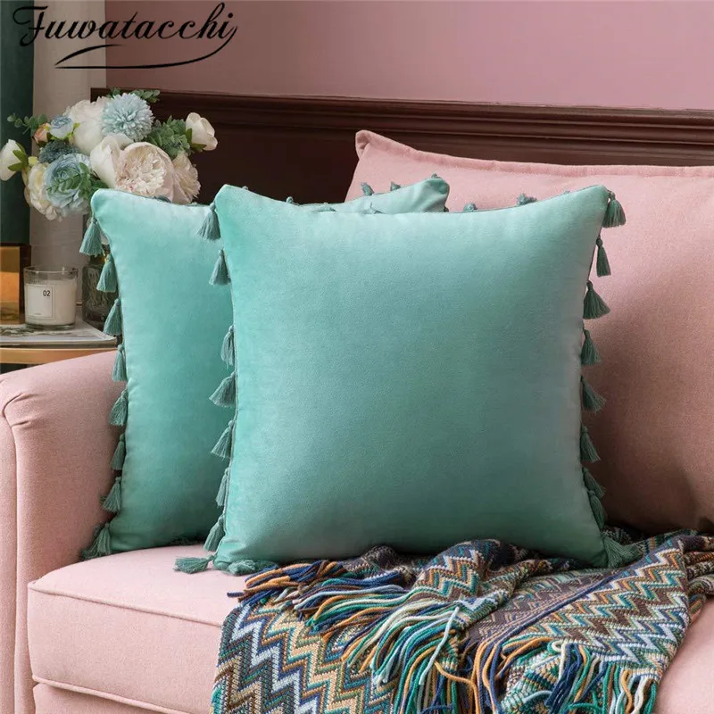 

Fuwatacchi Velvet Throws Pillowcases Decorative Cushions Covers Square With Tassel For Sofa Bed Home pillow covers 45x45cm