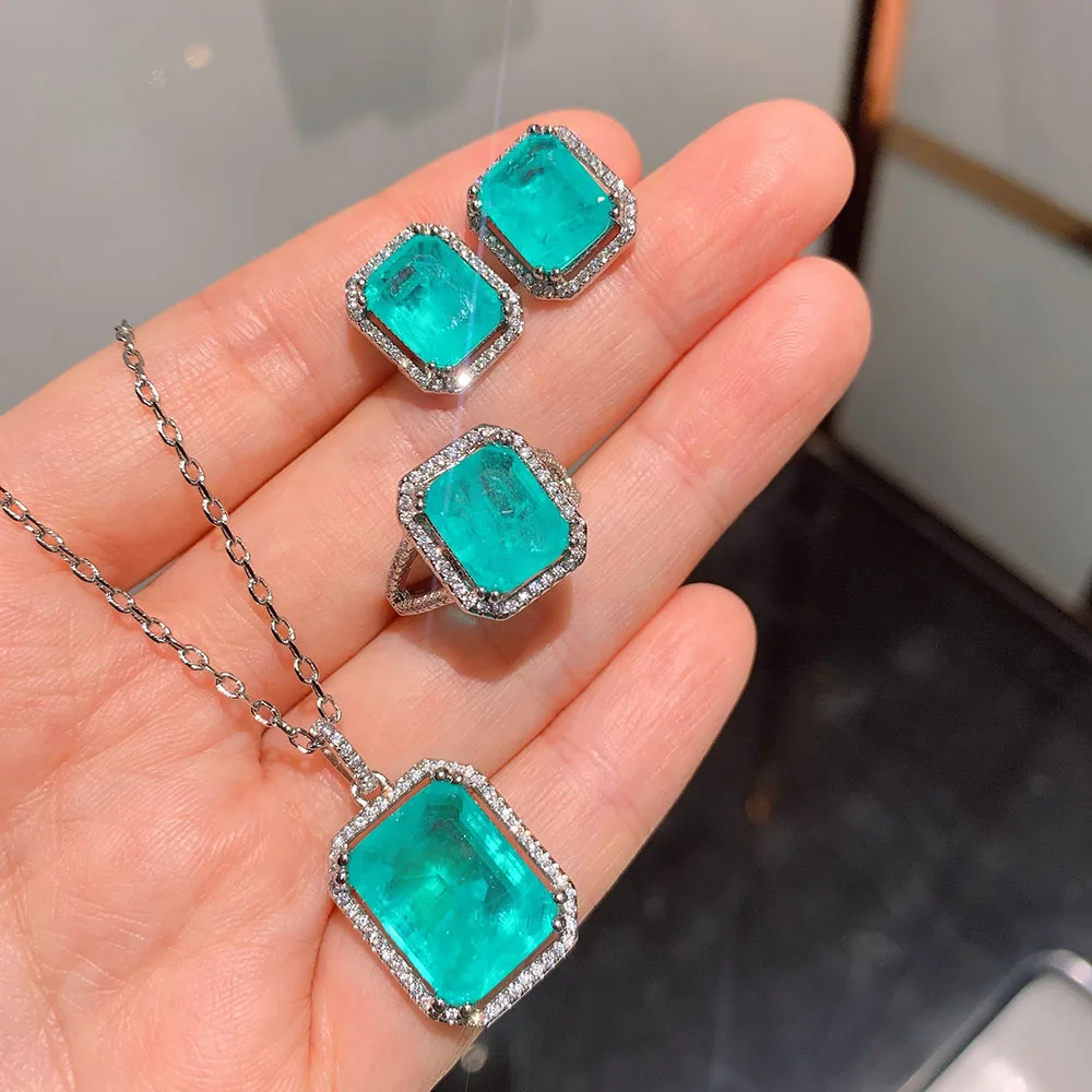 

Hot Vintage 925 Sterling Silver Paraiba Tourmaline Gemstone Earrings/Ring/Necklace Luxury Wedding Fine Jewelry Sets for Women