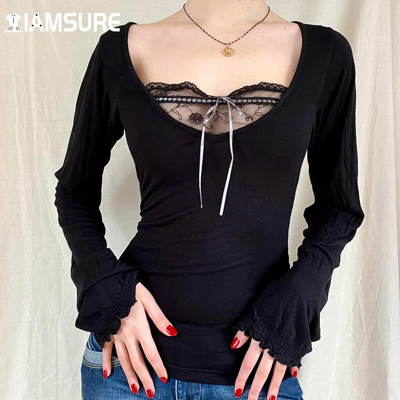 

IAMSURE Low Cut Patchwork Lace T Shirt Women Sexy Solid Long Sleeve Tees Casual Vintage See Through Bow V-Neck Tops Fashion Lady