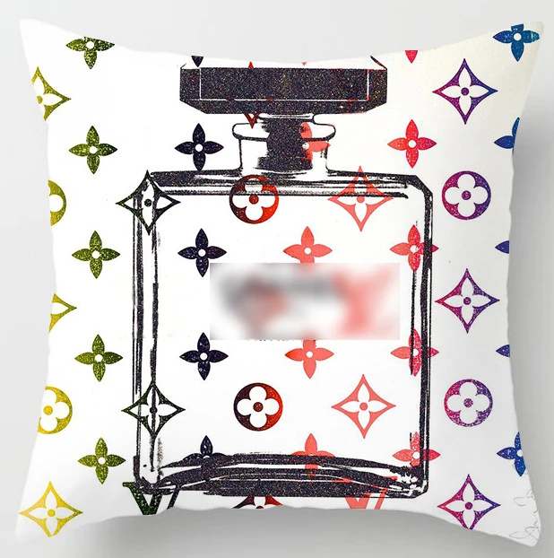 

Brand Perfume Bottle Pillowcase Fashion Women Cushion Cover Perfume Home Decorative Peach Skin Velvet Perfume Sofa Pillow Cover