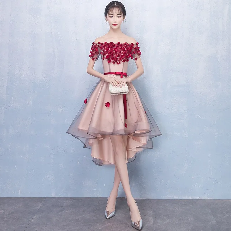 

Asymmetrical 3D Flower Appliques Cheongsam Mesh Burgundy Slash Neck Banquet Party Dress Gown Bandage Qipao Bowknot Belt Vestidos