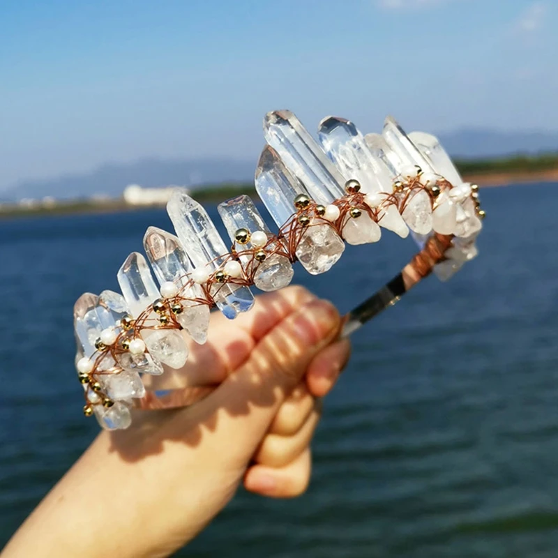 

Princess Clear Raw Crystal Headband Crown Imitation Pearl Gold Beads Jewelry Hair Hoop Wedding Bridal Tiara Headpiece