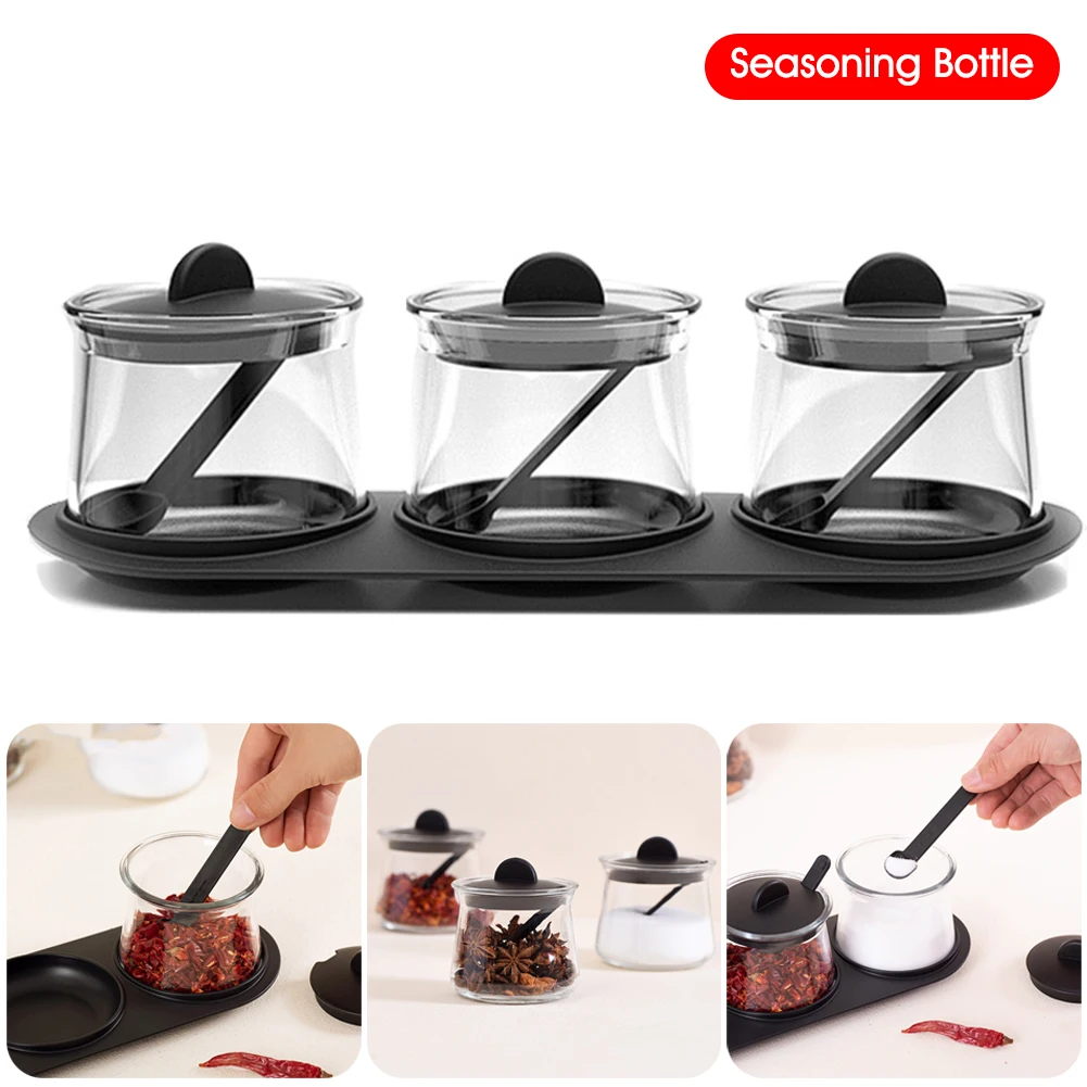 

3Pcs/Set Seasoning Box with Lid Glass Condiment Canister with Spoons and Base Spice Salt Sugar Chili Seasoning Storage Container