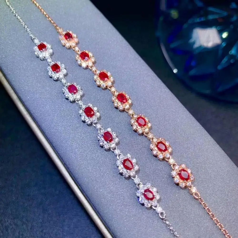 

SHILOVEM 925 STERLING SILVER REAL NATURAL RUBY BRACELETS FINE JEWELRY TRENDY WOMEN NEW PLANT GIFT CHRISTMAS 3*4MM DL0304188AGH