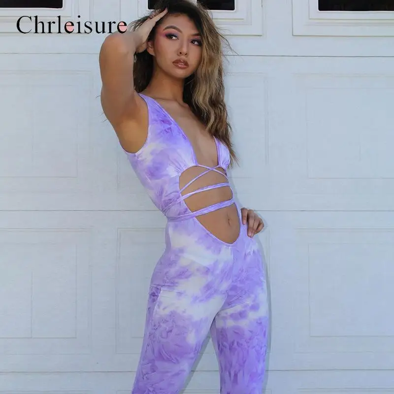 

Tie Dye Hollow Jumpsuit Womens Rompers Fitness Sleeveless Push Up Bodycon Party Jumpsuits Sexy V-Neck Playsuit Summer