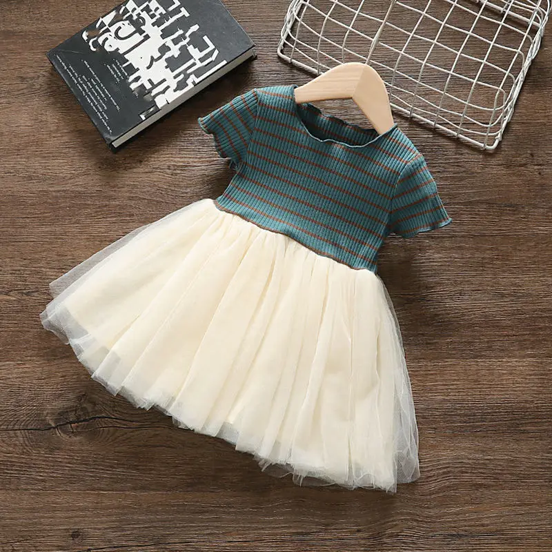 

Girls dress 2021 summer new girls Slim mesh dress striped short-sleeved stitching dress 2-6 years old children's clothing