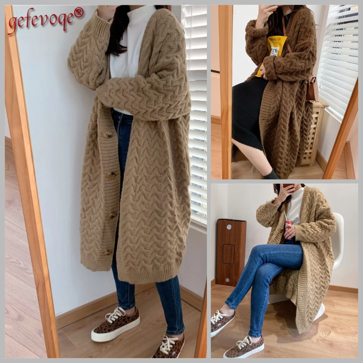 

Свитер, пальто, женский осенне-зимний Новый модный тренд в Корейском стиле, Свободный Длинный однотонный кардиган, теплая вязаная куртка, св...