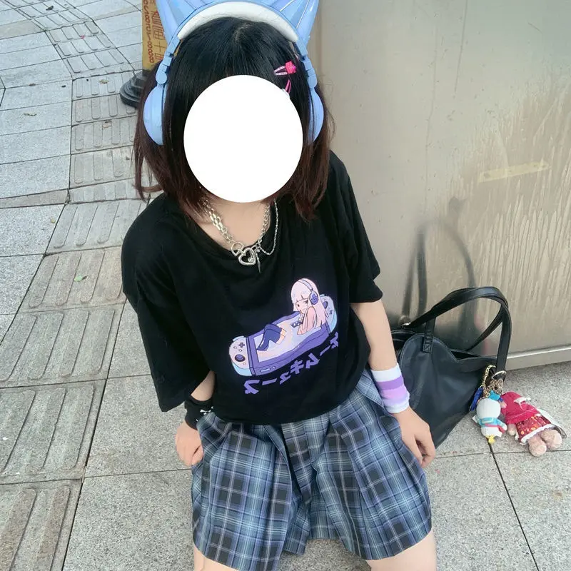 Кроп-Топ женский в стиле Харадзюку с принтом игровой консоли и круглым вырезом |