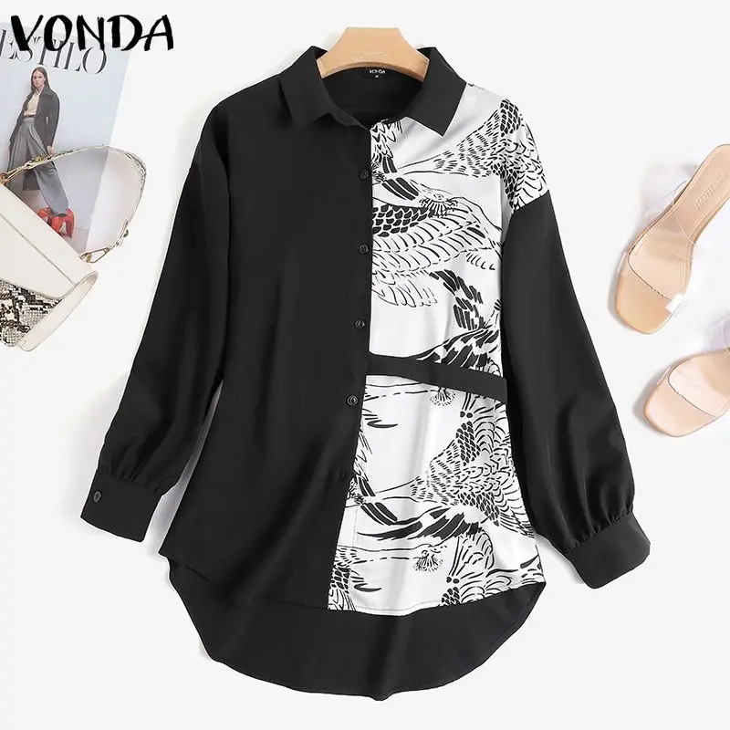 

Vintage Print Women Blouse 2022 VONDA Sexy Long Sleeve Printed Pleated Tops Ladies Lapel Collar Button Up Blouse Blusas Feminina