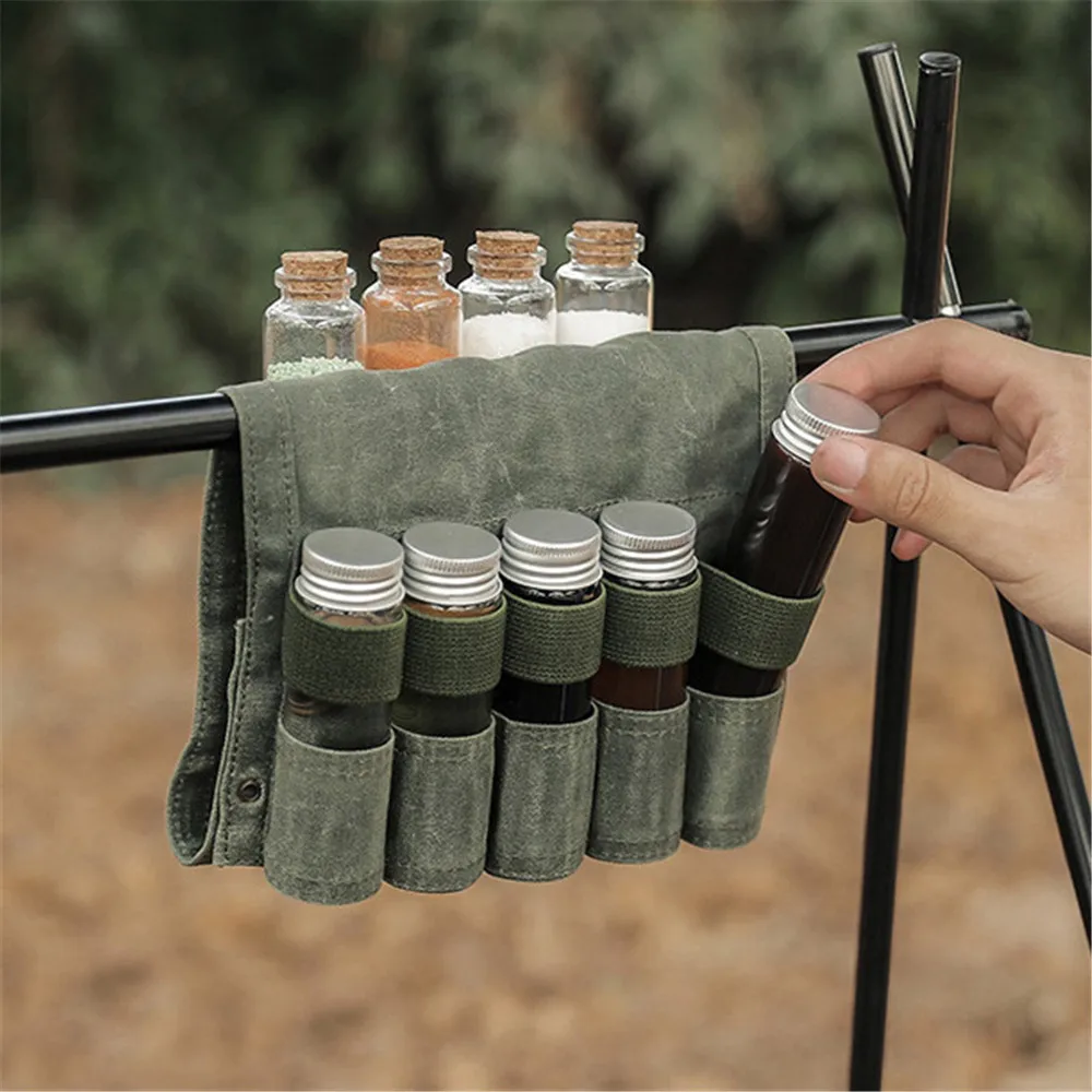 

Outdoor Spice Bottle Set Portable Folding Wax Canvas Waterproof Large Capacity Camping Hiking Bushcraft Picnic Bbq Seasoning Bag