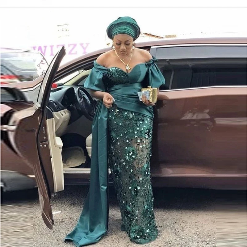 

Plus Size Mermaid Evening Dresses Aso Ebi Off Shoulder Cut Out Prom Dress Short Sleeves African Women Gowns Vestidos De Fiesta