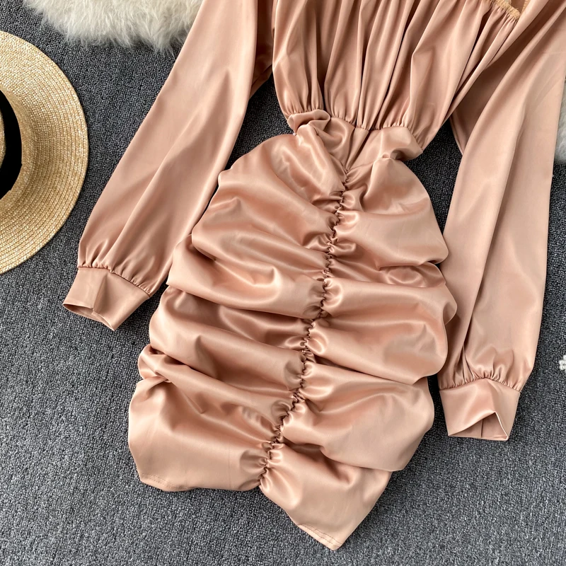 

Women Mesh Patchwork Dress Spring Autumn Solid O Neck Ruched Pencil Dresses Korean Sexy Perspective Short Dress