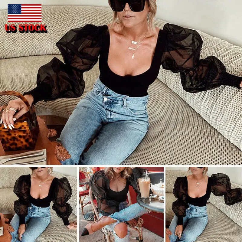 Женское Сетчатое Пышное боди с длинным рукавом трико топы блузка комбинезон OL