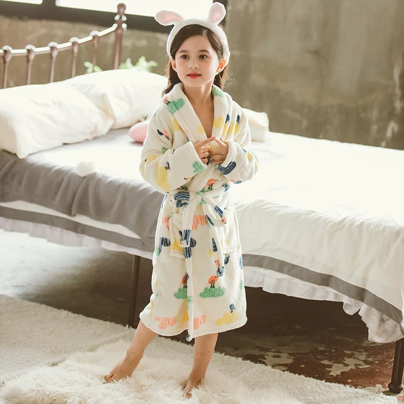 

Chun Ke Children's Bathrobe Coral Fleece Long-Sleeved Nightgown Cartoon Cute Animal Boy Girl Bath Towel Winter Thickening
