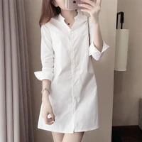 women mid long white cotton shirt summer autumn 2020 korean slim long blouse female casual office lady women tops