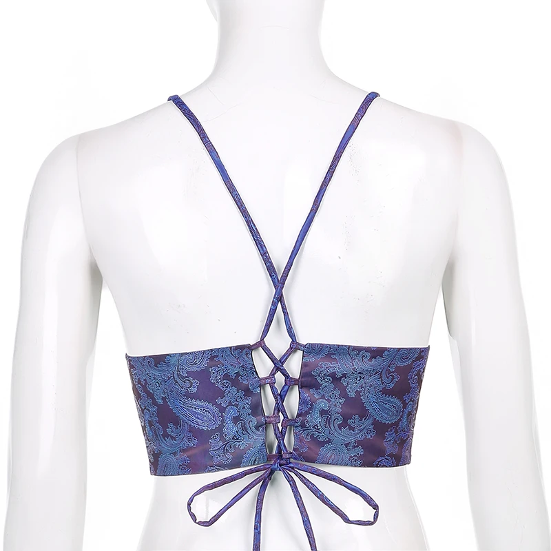 

Holographic Print Blue Bandage Cami Top Tee Women Sexy Backless Hollow Out V Neck Crop Tops Summer Vintage Corset Vests Iamhotty