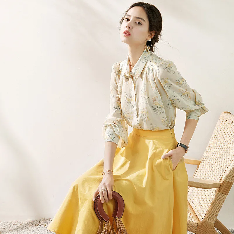 Tracksuit Woman 3 Three Piece Set Long Sleeve Print Top Strap Yellow Cotton Midi Maxi Skirt Suits Elegant Fashion Summer Clothes