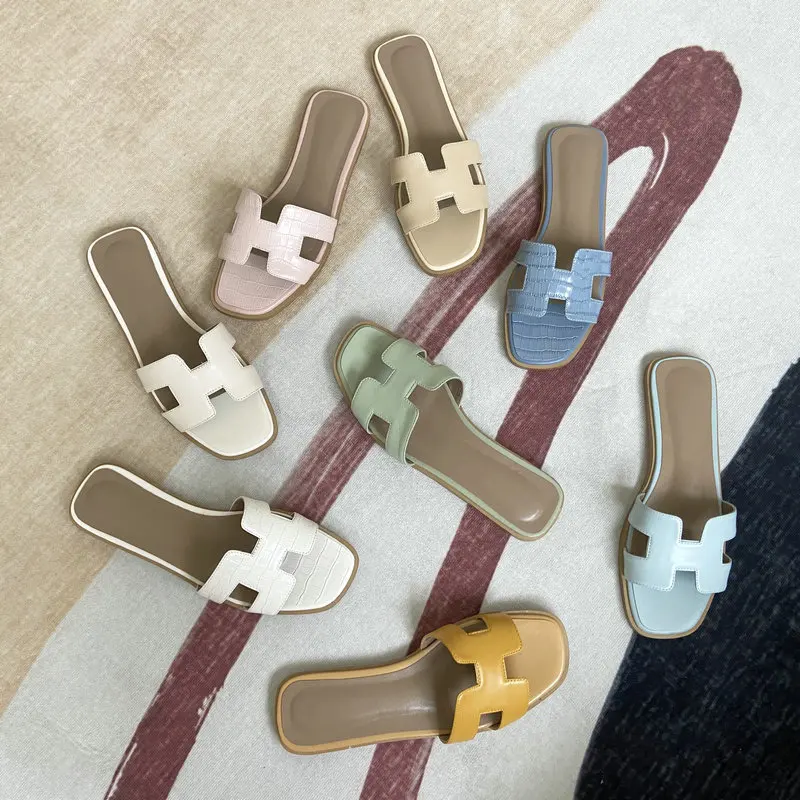 

Comfort Genuine Leather Slippers Woman Low Heels 2021 Summer Sheepskin Colors Slides Lazy Daily Shoes Size 33-40 Beige Shoes