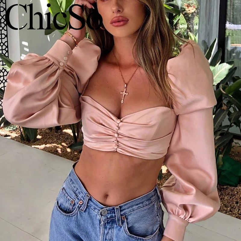 Женский короткий топ MissyChilli с длинным рукавом фонариком открытой спинкой