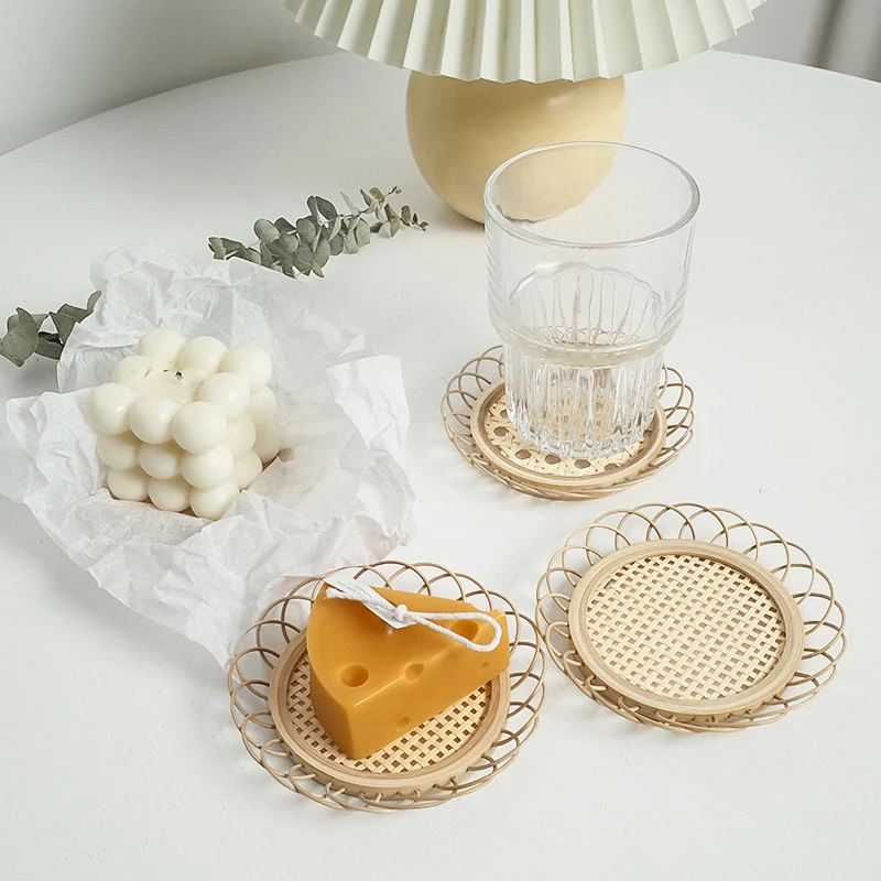 

Korean Ins Simple Style Handmade Bamboo Woven Coaster Cafe Homestay Decorative Placemat Home Lace Cup Holder Photo Props
