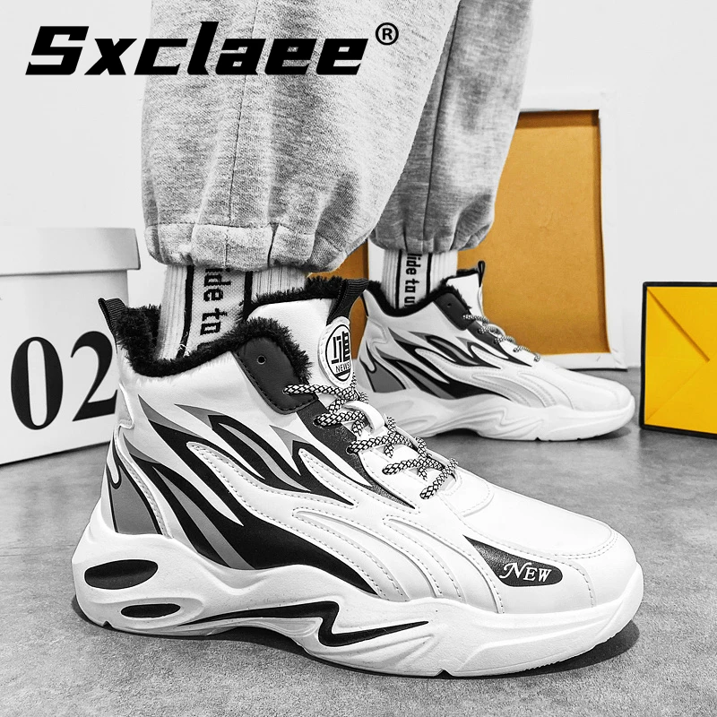 Sxclaee Fashion High-top Plus Cashmere Men Casual Shoes Non-slip Wear-resistant Outdoor Sports Shoes Waterproof Warm Male Shoes