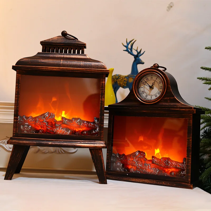 

New Fireplace Charcoal Firewood Pile Flame Wind Lamp Ornament Christmas Scene Decoration Wall Clock Decorations For Home