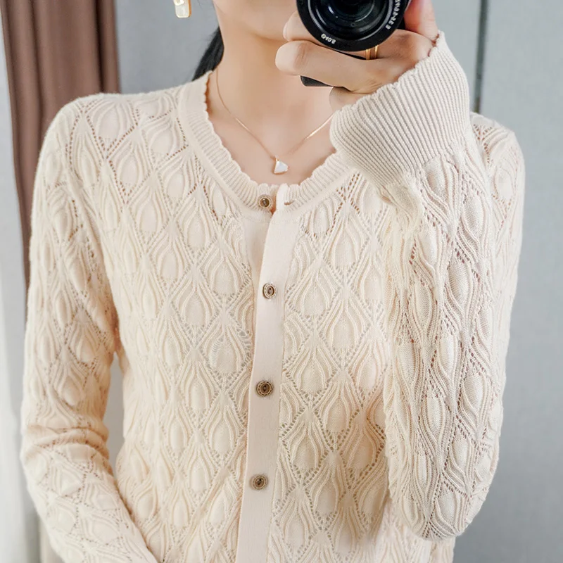 

BELIARST Spring and Autumn New Style 100% Pure Cotton Cardigan Women's O-neck Loose knit Jacket Empty Cotton Sweater Female