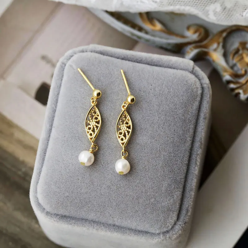 

S925 sterling silver hollow pearl pendant earrings sterling silver jewelry ins style fairy simple style earrings