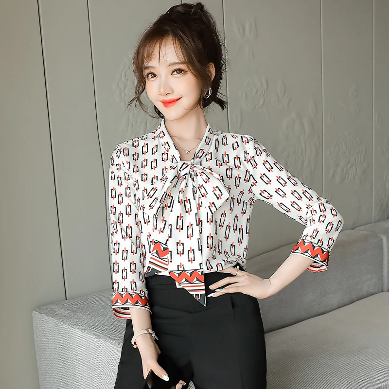 

Women Blouses 2021 New Spring/Summer Three-Quarter Sleeve Bow Collar Shirt Casual Tops Elegant Ladies Work Wear Plus Size 4XL