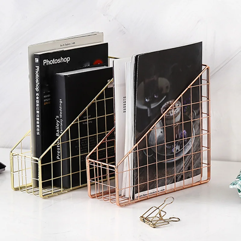 Rose Gold Electroplated Iron Book Holder Desktop Shelf File Magazine Stand Office Home Stationery Organizer |