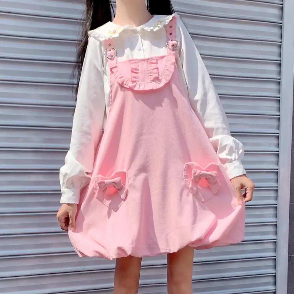 

Japanese Sweety Soft Girly Peter Pan Collar Cute Rabbit Ears Full Sleeve Shirts Pink Bow Pocket Suspender Dress Two-Piece Set