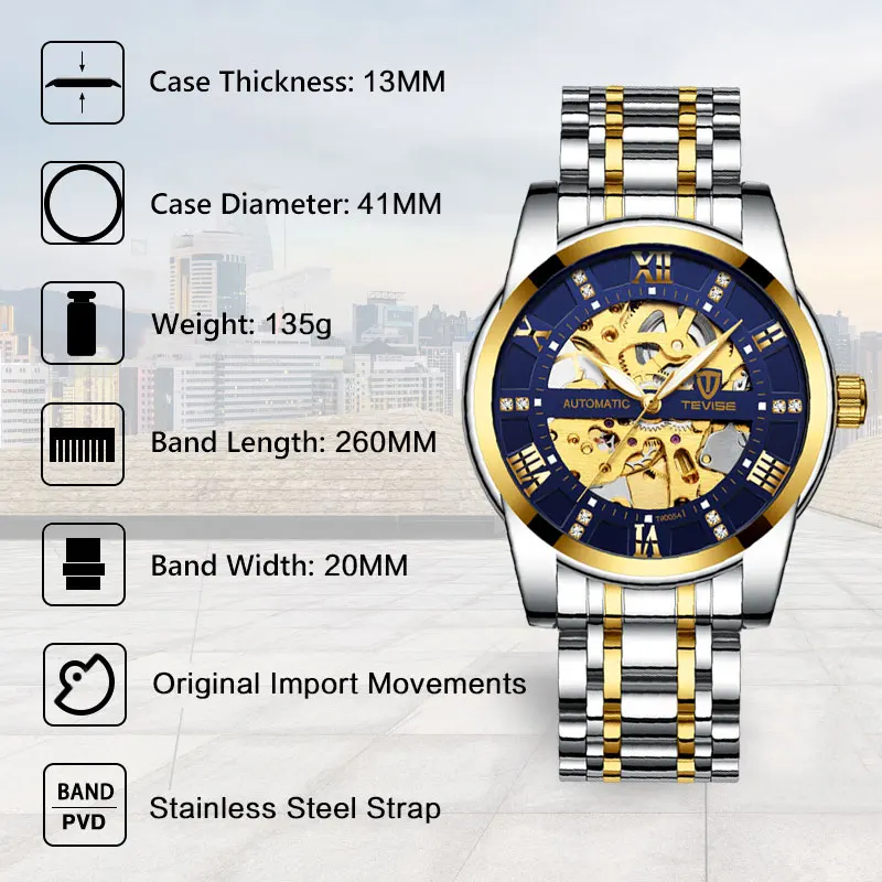 Tevise Brand Watch Men Automatic Mechanical Gold Skeleton Vintage Man Mens Top Luxury Clock Relojes 9005 | Наручные часы