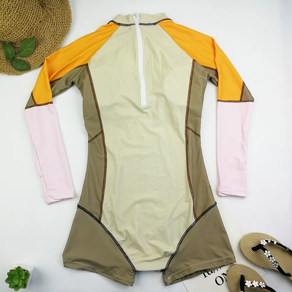 Длинный рукав Рашгард женский лоскутный купальник с высокой горловиной Цельный