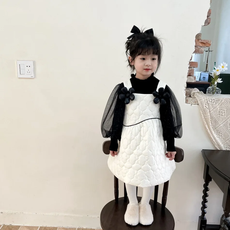 

2021 Winter Childrens Clothing Girls Little Fragrance Princess Cotton Skirt Children's Baby 3D Flower Beige Dress